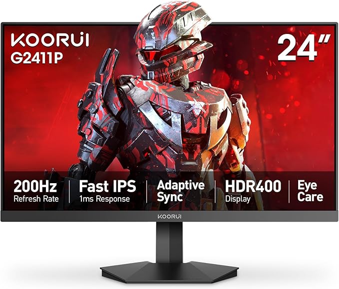 KOORUI 24" Gaming Monitor, 200Hz 1ms Fast IPS, FHD HDR400 Display, 90% DCI-P3 Color Gamut, Adaptive Sync, Ultra Slim Frame, VESA Mountable, HDMI 2.0, DP 1.4, G2411P