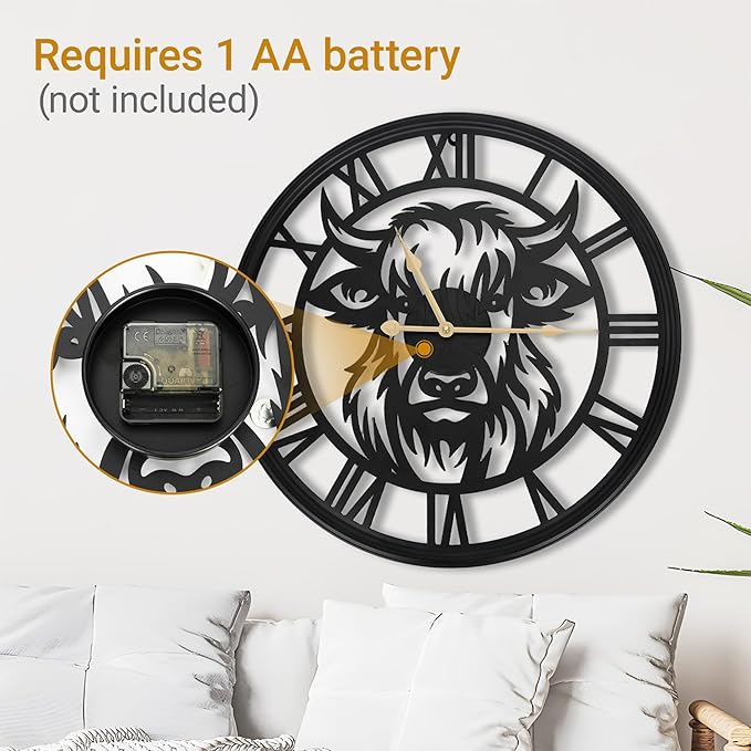 16inch Large Wall Clocks for Living Room Decor,Wall Clocks Battery Operated, Black Slient Metal Decorative Wall Clock for Bedroom, Kitchen, Dining Room (Highland Bull Wall Clock, 16 Inch)