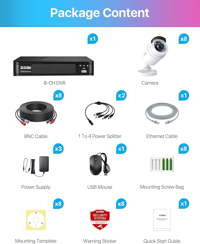 ZOSI 1080P HD Home Surveillance Camera System with AI Human Vehicle Detection, 5MP 8 Channel CCTV DVR Recorder (No HDD), 8 x 2.0MP 1920TVL Outdoor/Indoor Surveillance Bullet Cameras, Remote Access