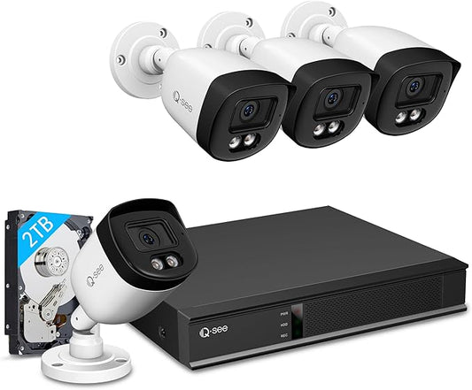 QSEE 8CH 5MP Home Security Camera System, 4pcs Wired 5MP Cameras H.265 IP67 Waterproof with Human Vehicle Detection, DVR for 24-7 Recording, Color Night Vision, Remote Access, QH08045YC