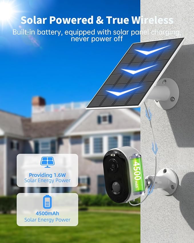 Security Cameras Wireless Outdoor, Solar Battery Powered 2k Color Night Vision, AI Motion Detection, IP66 Weatherproof, 2-Way Talk, SD/Cloud Storage, 2.4Ghz WiFi Cameras for Home Security (1 Pack)