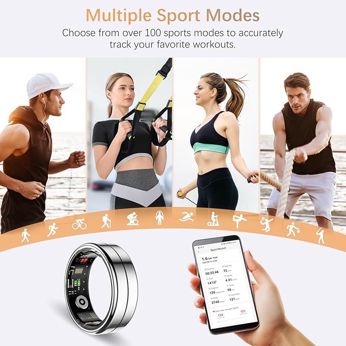 Fit Ring, Smart Health Rings for Women Men with Heart Rate,Blood Oxygen,HRV,Stress Level, Sleep Monitor, Step Tracker, No Subscription Fee, IP68 Waterproof Smart Ring for iphone &Android (Silver, 8#)