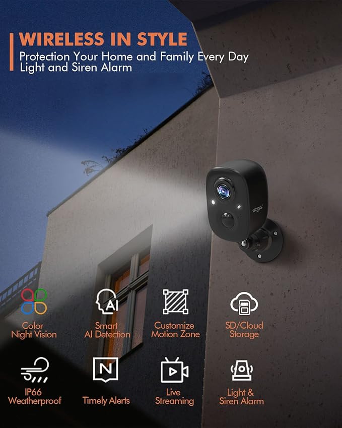 Dzees 2K Security Cameras Wireless Outdoor, Indoor-Outside WiFi Battery Powered Camera for Home Security,Color Night Vision,2-Way Talk,AI Motion Detection,Spotlight Siren Alarm,SD/Cloud Storage,2 Pack