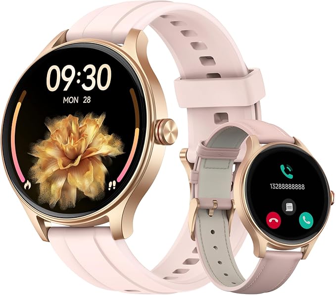 Smart Watches for Women (2 Bands), 1.27" Round Fitness Watch for Android iPhone with Bluetooth Calls (Make/Answer), AI Voice Command, Heart Rate/SpO2/Sleep Monitor, 12 Days Battery, IP68 Waterproof