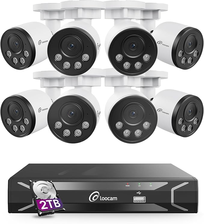 Loocam 8CH PoE Security Camera System 2TB HDD, 4MP Wired Bullet PoE IP Cameras, Person Vehicle Detection, 5MP NVR 24/7 Recording CCTV Home Surveillance Outdoor Indoor, Remote Access, Night Vision