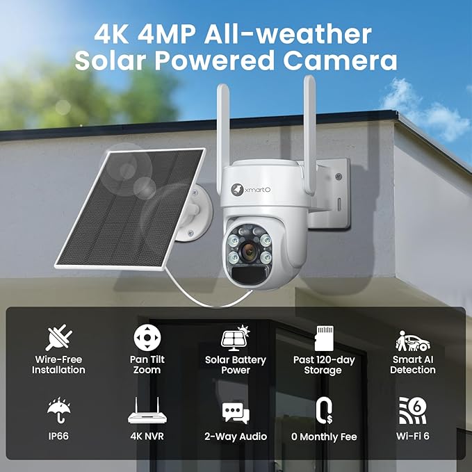xmartO 100% Wire-Free Solar PTZ Home Security Camera System Wireless, 4-Set 2K 4MP QHD CCTV Camera Kit with 4K 10CH Expandable WiFi NVR and Past 90-Day Video Storage, All-Weather Solar Charge