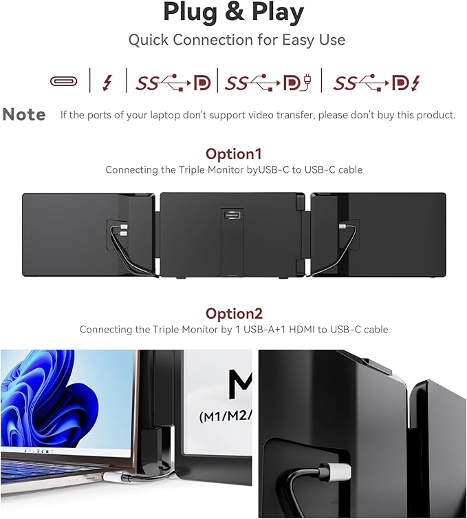 15.6" Laptop Screen Extender, 1080P FHD IPS Portable Monitor, Plug and Play, Triple Portable Laptop Monitor for 13-17" Laptops with USB-C/HDMI, for Wins/MacOS(M1//M2/M3Pro/Max).