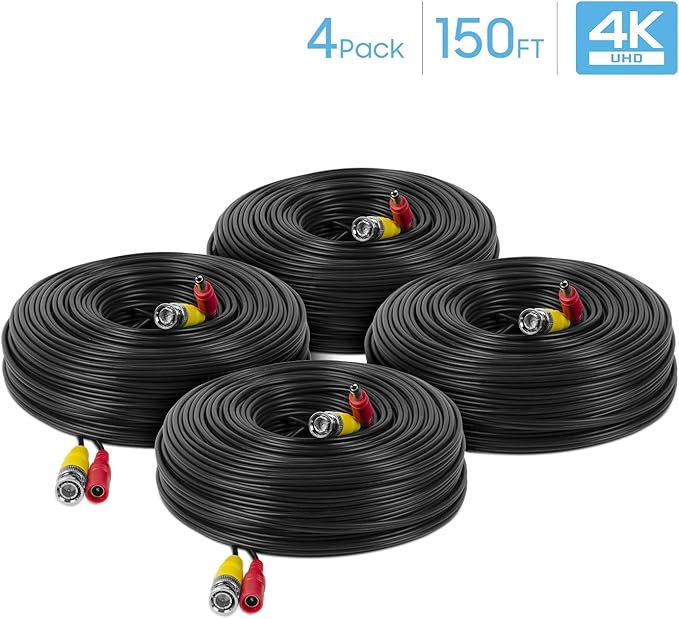 Amcrest 4-Pack 4K Security Camera Cable - 150FT BNC, All-in-One Video & Power for HDCVI, HDTVI, Analog, DVR (4PACK-SCABLE4K150B-PP)
