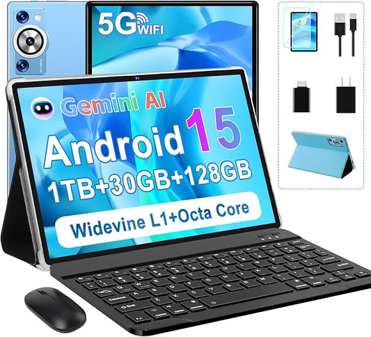Android 15 Tablet 30GB RAM 128GB ROM 1TB TF, 2025 Electronics Tablets 10.1 Inch 8000mAh with Keyboard Mouse, 2.0GHz, 5G WiFi, BT 5.0, GMS Certified, Incell Display, Gemini AI - Metal Blue