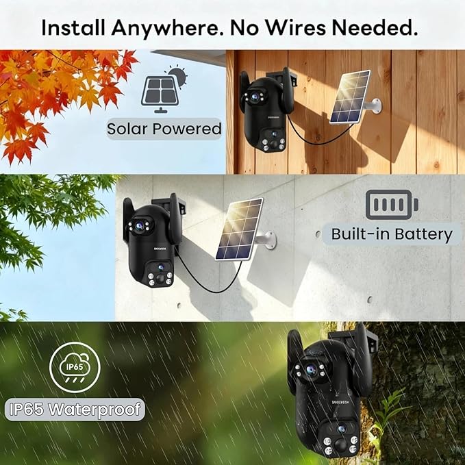Solar Security Cameras Wireless Outdoor, Dual Lens 2K 360° View Cameras for Home Security, 2.4/5 GHz Wi-Fi, 2-Way Audio, Night Vision, Motion Detection, SD/Cloud Storage, IP65 Outdoor Camera