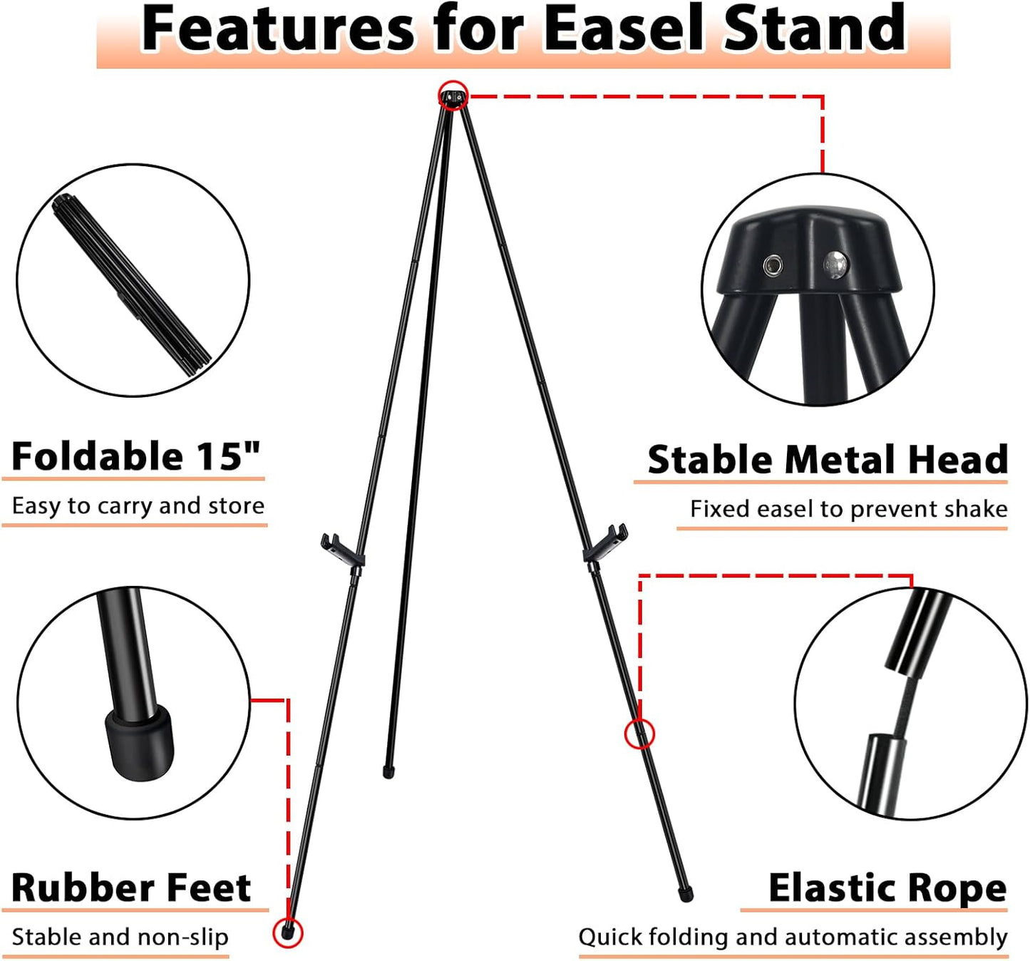 Instant Display Easel Stand, 63" Collapsible Portable Adjustable Height Art Easel - Easy Folding Telescoping Metal Floor Poster Tripod for Display, Black(3 Pack)