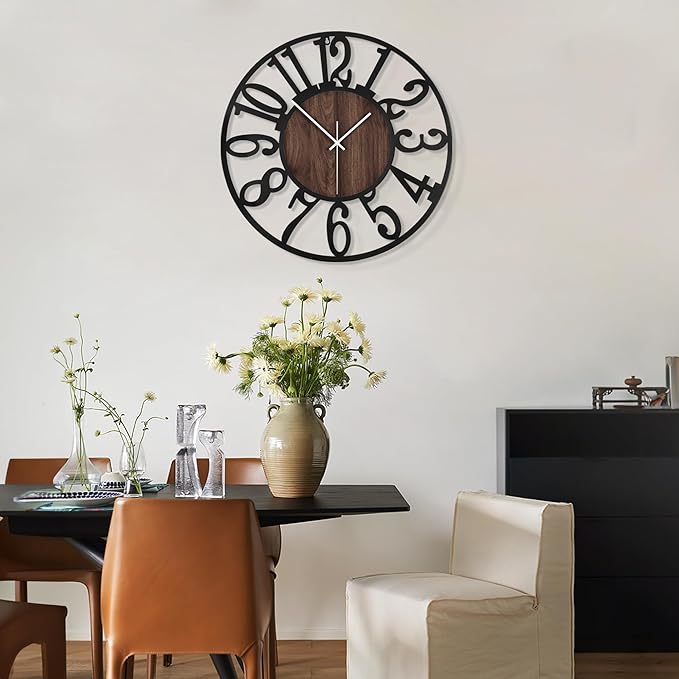 LEIKE Large Wall Clocks,Silent,Non Ticking,Battery Operated Big Retro Round Modern Wood Wall Clock for Living Room, Bedroom,Dinning Room,Farmhouse,Office,Home Decor-20 Inch(Black-Arabic Number)