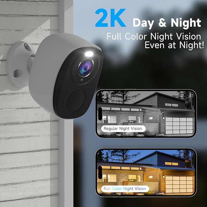 2PCs 2K Security Camera Wireless Outdoor, Surveillance Indoor Home Camera, Battery Powered WiFi Security Cameras with Color Night Vision, AI Motion Detection, 2-Way Audio, IP65, SD/Cloud, Works Alexa