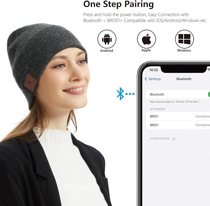 Merino Bluetooth Beanie, Bluetooth 5.2 Wool Hat HD Stereo,30 Hours Play time,Built-in Microphone, Men's/Women's Christmas Electronic Gift (Charcoal)