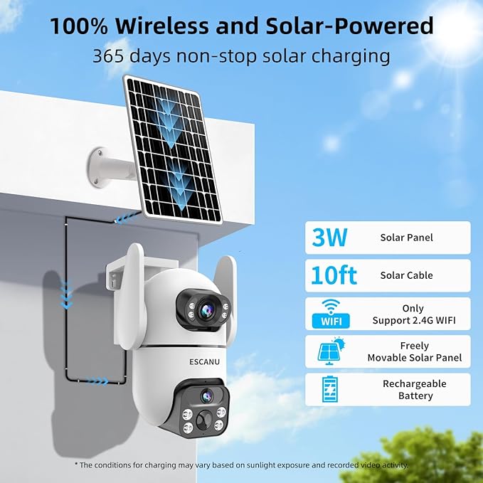 Solar Security Cameras Outdoor Wireless,Cameras for Home Security with Dual Lens,360° View Pan/Tilt,Color Night Vision,2-Way Audio,SD/Cloud Storage,2.4GHz WiFi(2 Pack)