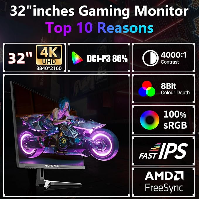 32 Inch Ultra Wide UHD 4K (3840 x 2160) Gaming Monitor, IPS 60Hz Ultra-Clear Screen, 1ms (MPRT), 100% sRGB, Built-in Speaker,FreeSync, 2 x DP 1.4 and 2 x HDMI 2.0, Tilt Height Adjustment