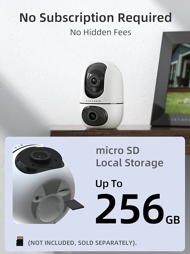virtavo Indoor Security Camera, Dual-Lens 360° PTZ WiFi Baby Pet Monitor for Home, Motion Tracking, 2-Way Audio, Night Vision, No Subscription, WiFi6 2.4GHz/5GHz, SD & Cloud Storage, Works with Alexa