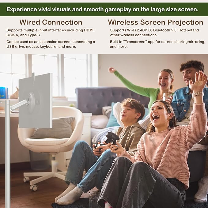 OFD 27 In Portable TV on Wheels 2nd Gen 1080P,Android 15 OS,6GB RAM+128GB ROM,100%sRG Swivel Rotation Smart Touchscreen,Rolling TV with 4K Webcam,USB-A-Remote,9000mAh Battery,EDLA-Certified,Off White