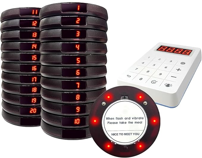 Pagers for Restaurants 20 Coaster Beeper, Restaurant Pager System Long Range, Customer Queue Pagers Set with Vibration, Flashing and Buzzer, Beepers for Food Truck, Church, Nursery