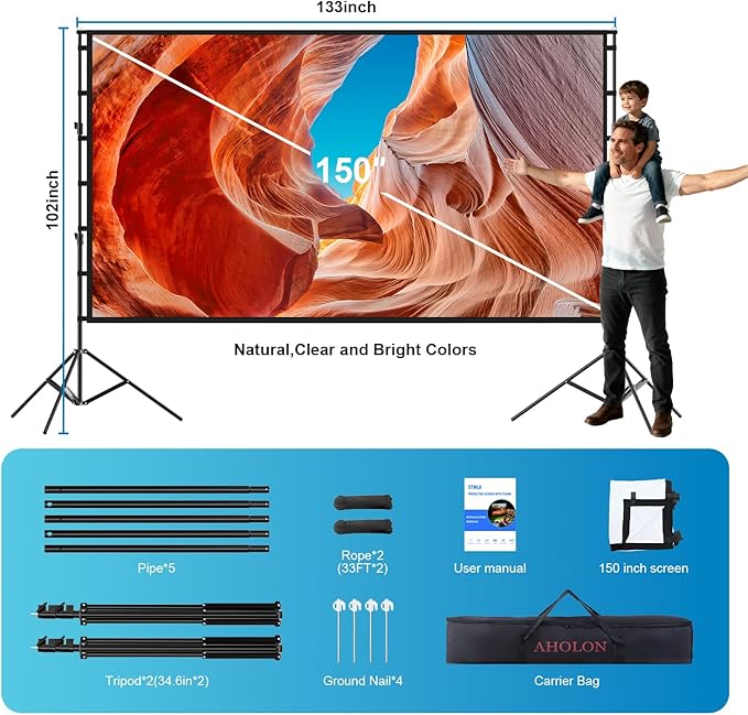 Projector Screen with Stand - 150 Inch Projector Screen Outdoor Indoor Projector Screens 16:9 4K HD Outdoor Movie Screen with Carry Bag,Enioy Home Theater Projection Screen