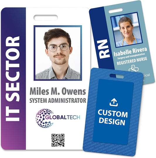 Custom Print Employee ID Badge with Vertical Side Text, Double Sided Print with Name, Photo, Logo, and Barcode â Unique Photo ID Card Solution (ID Vertical)