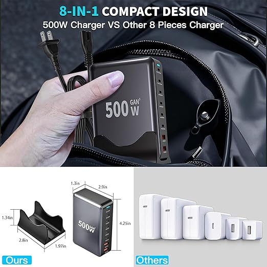 500W GaN USB C Charger Block Charging Station 8 Port Fast Charger Block with Dual 100W PD USB-C Fast Charging Station Hub Compatible with iPhone 17/16 15/14/13/Pro Max/MacBook Pro/Air/All iPad (Black)