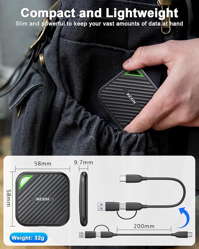 KEXIN External SSD 1TB USB C Portable SSD Up to 2000MB/s External Solid State Drive USB 3.2 Gen 2x2 Type-C Portable Solid State Drive for PC Mac Game Console