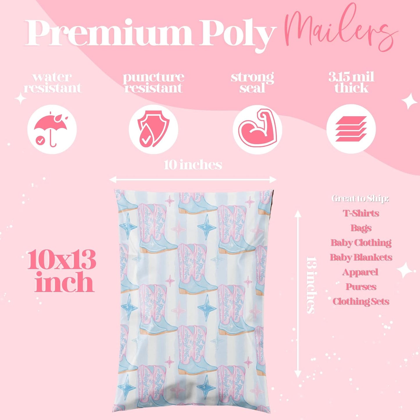 14.5x19 Designer Poly Mailer 100 Pack Heavy Duty Waterproof Self Seal Shipping Bags for Small Business Large Mailing Envelopes Bulk Tear Resistant Packaging Cowgirl Boots Western