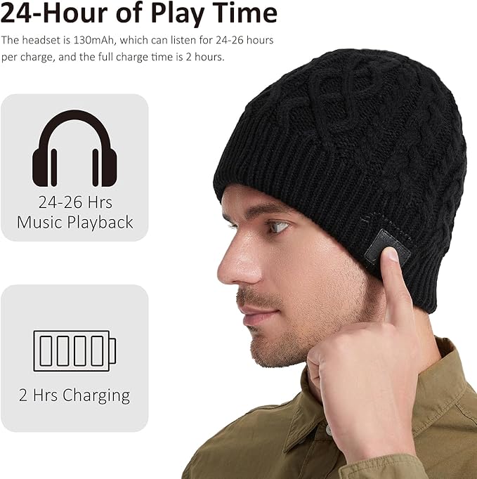 Bluetooth Beanie, Bluetooth 5.2 HD Stereo,30 Hours Play time,Built-in Microphone, Men's/Women's Christmas Electronic Gift (Black)