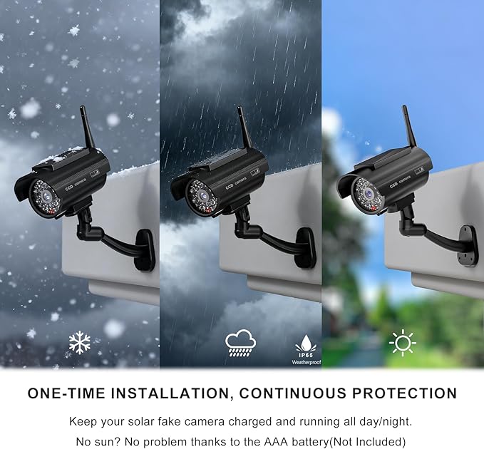 WALI Dummy Fake Camera, Solar Powered Fake Security Camera with LED Light, Simulated Surveillance Security CCTV Dome Cameras with Antenna and Warning Sticker Indoor Outdoor (SOL-TCB2), 2 Packs, Black