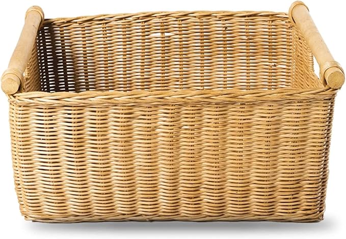 The Basket Lady Pole Handle Wicker Storage Basket, Large, 18 in L x 14.5 in W x 9 in H, Sandstone