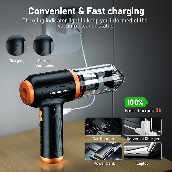 COLORCORAL 12-in-1 Cordless Compressed Air Duster with 2-Speeds 120,000RPM, LED Light, Computer Vacuum Air Duster 2-in-1, Perfect for Deep Cleaning Keyboards, PCs, Cars, and Electronics
