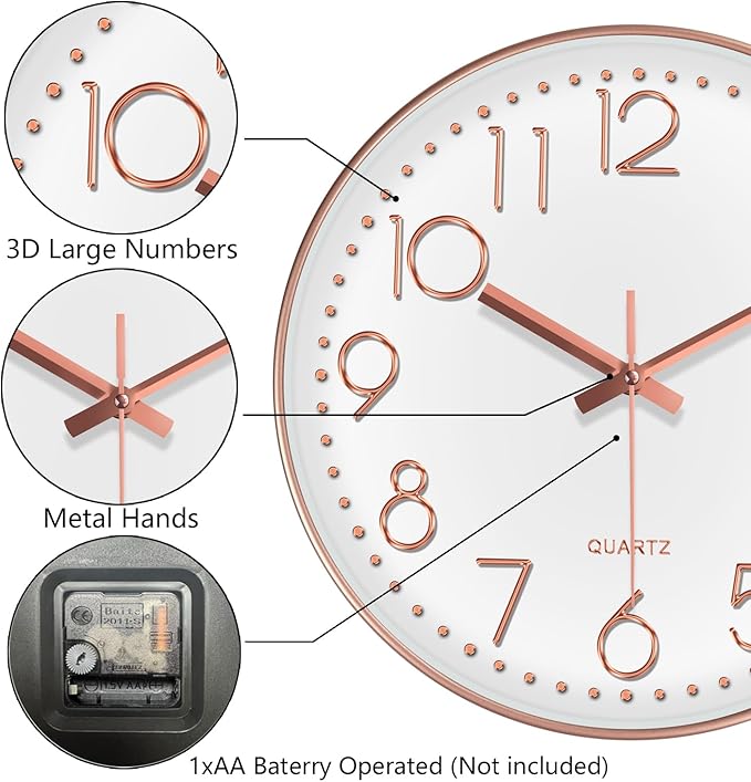 Silent Wall Clocks Battery Operated 8 Inch, Analog Wall Clock with Oversized Number Tempered Glass Clock Face, Rose Gold Quartz Non Ticking Wall Clocks for Living Room Bedroom Kitchen Office