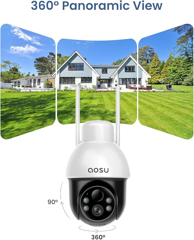 aosu Solar Camera Security Outdoor - Security Cameras Wireless Outdoor with 360° Panoramic View, Human Auto Tracking, 2K Night Vision, Compatible with Alexa/Google Assistant (2 Pack)