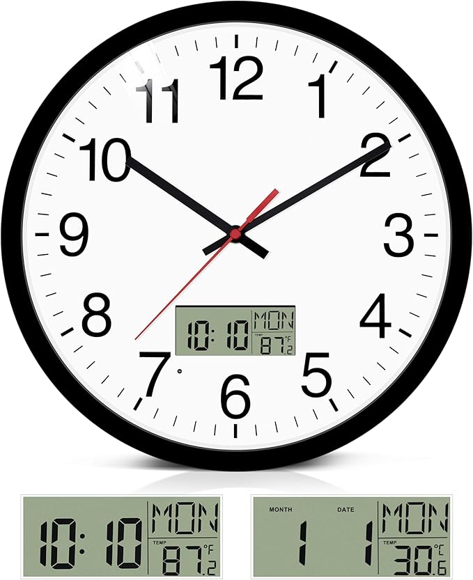 12" Digital Wall Clock with Temp Week Switchable Time and Perprtual Calendar on LCD Display, Silent Battery Operated Analog Clock for Bedroom Classroom Office Garage (Black)