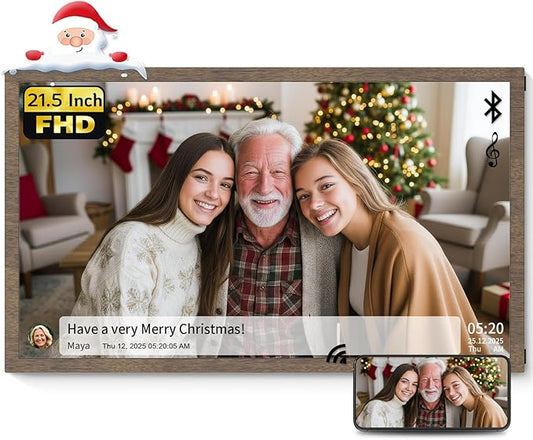 NexFoto 21.5 Inch Large Digital Picture Frame 32GB, WiFi Electronic Photo Frame with Remote Control, Wall-Mountable, Easy to Share Photos/Videos, Gifts for Mom Christmas, Dark Wood