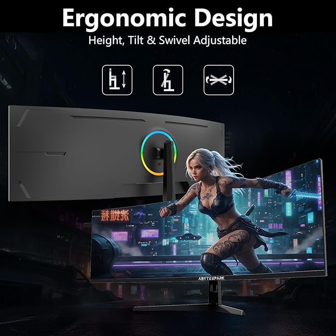 49 Inch Curved Ultra Wide Gaming Monitor, 4K (3840x1080P), 144Hz/165Hz 1500R, 32:9125% sRGB, FreeSync, Height Adjustable Screen Monitor, HDMI 2.1 And DP 1.4, Supports Wall Mounted Installation