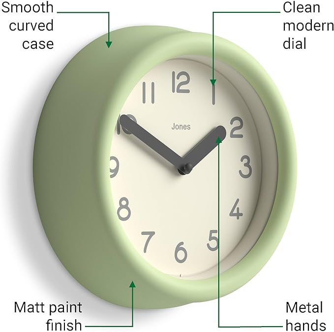 JONES CLOCKS® Fuze Wall Clock | Small Round Clock | Matcha Green | Playful Modern Design with Soft sculptural Presence | Ideal for Kitchens Living Rooms Kid's bedrooms