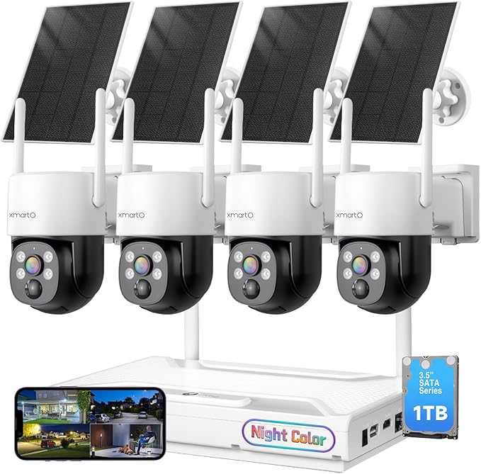 [Night Color] XMARTO 2K HD Wireless Solar Security Camera System with Starlight Color Night Vision, PTZ Control, Long Range WiFi6, Easy Mobile View, HDMI View on Monitor/TV, 0 Monthly Fee, 1TB HDD