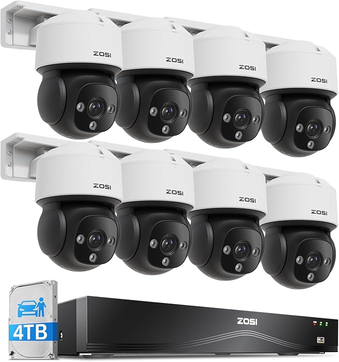 ZOSI C290 4K 16CH POE Security Camera System for 24/7 Recording, 8 x 8MP Wired PoE IP Cameras Outdoor, 360 View, AI Human/Vehicle/Face Detection, Two-Way Talk, Siren Alarm, Auto Tracking, 4TB HDD