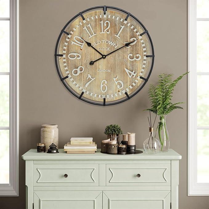 24 Inch Large Farmhouse Wall Clock - Rustic Antique Wood, Silent Battery Operated Clock for Office Kitchen Bedroom Living Room