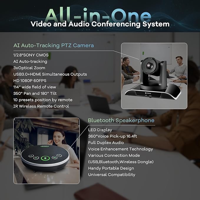 TONGVEO All-in-One Conference Room Video Camera System Al Auto-Tracking HD1080P 60fps 3X Optical Zoom USB3.0 HDMI PTZ Camera and Bluetooth Conference Speakerphone with Microphones