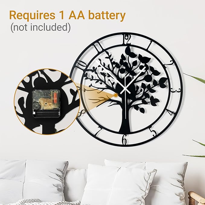 20inch/50cm Large Tree of Life Wall Clocks for Living Room Decor,Bedroom,Battery Operated Metal Big Decorative Silent Non Ticking Wall Clock for Farmhouse(Tree of Life, 20 inches)