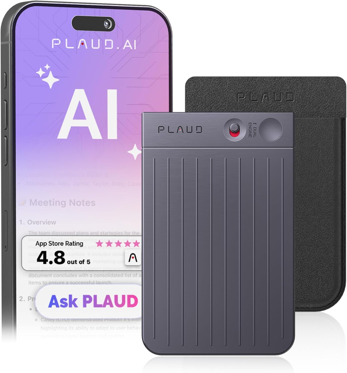 AI Voice Recorder, Note Voice Recorder w/Case, App Control, Transcribe & Summarize with AI Technology, Support 112 Languages, 64GB Memory, Audio Recorder for Lectures, Meetings, Calls, Black
