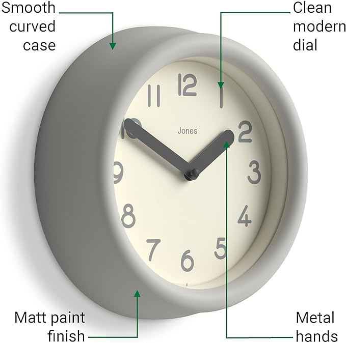 JONES CLOCKS® Fuze Wall Clock | Small Round Clock | Gray | Playful Modern Design with Soft sculptural Presence | Ideal for Kitchens Living Rooms Kid's bedrooms