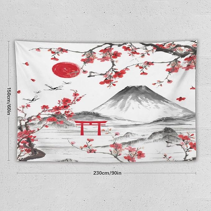 Red Cherry Blossoms Tapestry, Japanese Fuji Mountain Tapestry, Asian Japanese Wall Tapestry, Nature Landscape Tapestries for Bedroom Living Room Decor 90"x60"