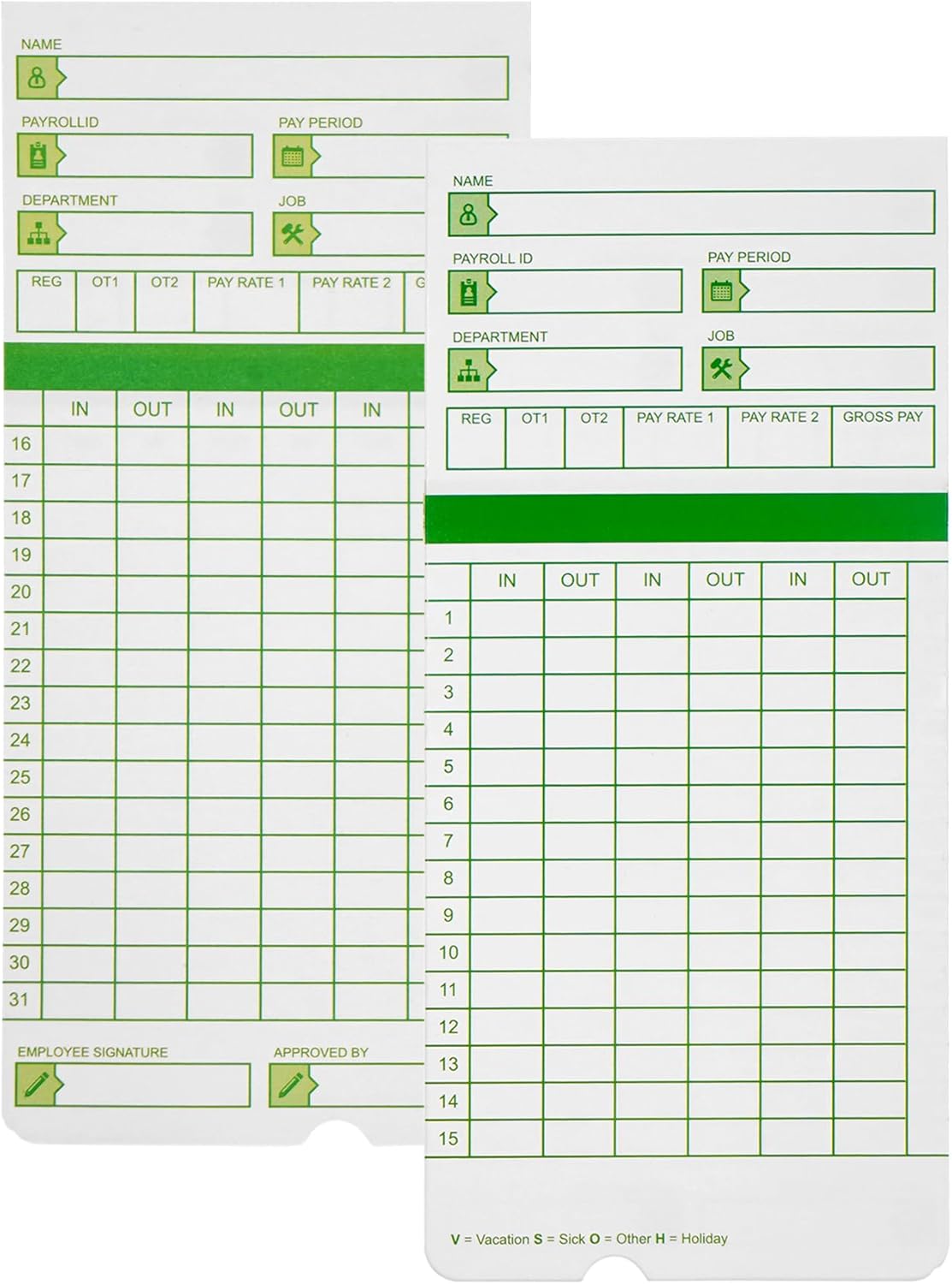 Time Cards for Employees Monthly,Numbered Days,All Pay Periods, 100 Count,2-Sided, 3 3/8" x 7 3/8",Green Print,Timecards for Time Clocks