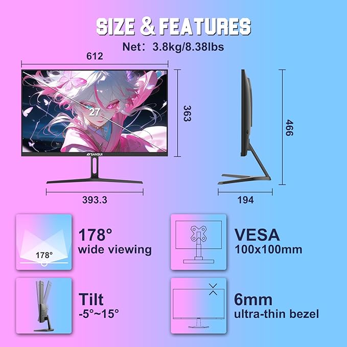SANSUI Gaming Monitor 27" 1440p 260hz/240hz WQHD 2K - Fast IPS 1ms FreeSync Premium 丨DCI-P3 98% 丨sRGB130% 丨HDR10 丨2×DisplayPort 1.4丨2×HDMI2.0 PC Gaming Monitor with Crosshair