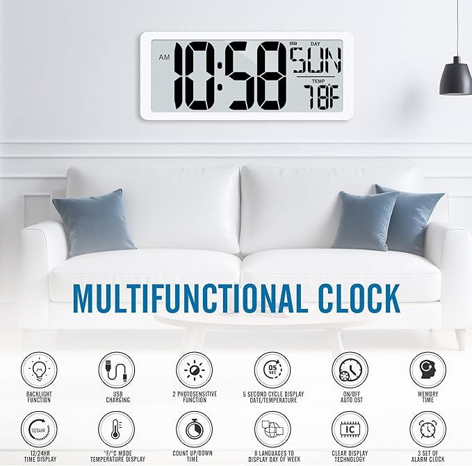 TXL Rechargeable Atomic Clock with Backlight, 14.2" Large Display Digital Wall Clock Battery Operated with Day, Date & Temperature, Large Wall Clock for Bedroom, Livingroom, Office（White）