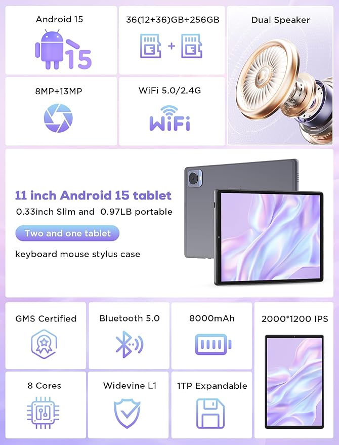 2025 Tablet 10.4 inch Android 15 Tablets with Keyboard Stylus Mouse: 2K IPS Tablette (2000x1200), 36GB+256GB(1TB TF), 5G/2.4G Dual WiFi, 8-Core 1.6GHz, 8000mAh,8+13MP, Widevine L1- Gray